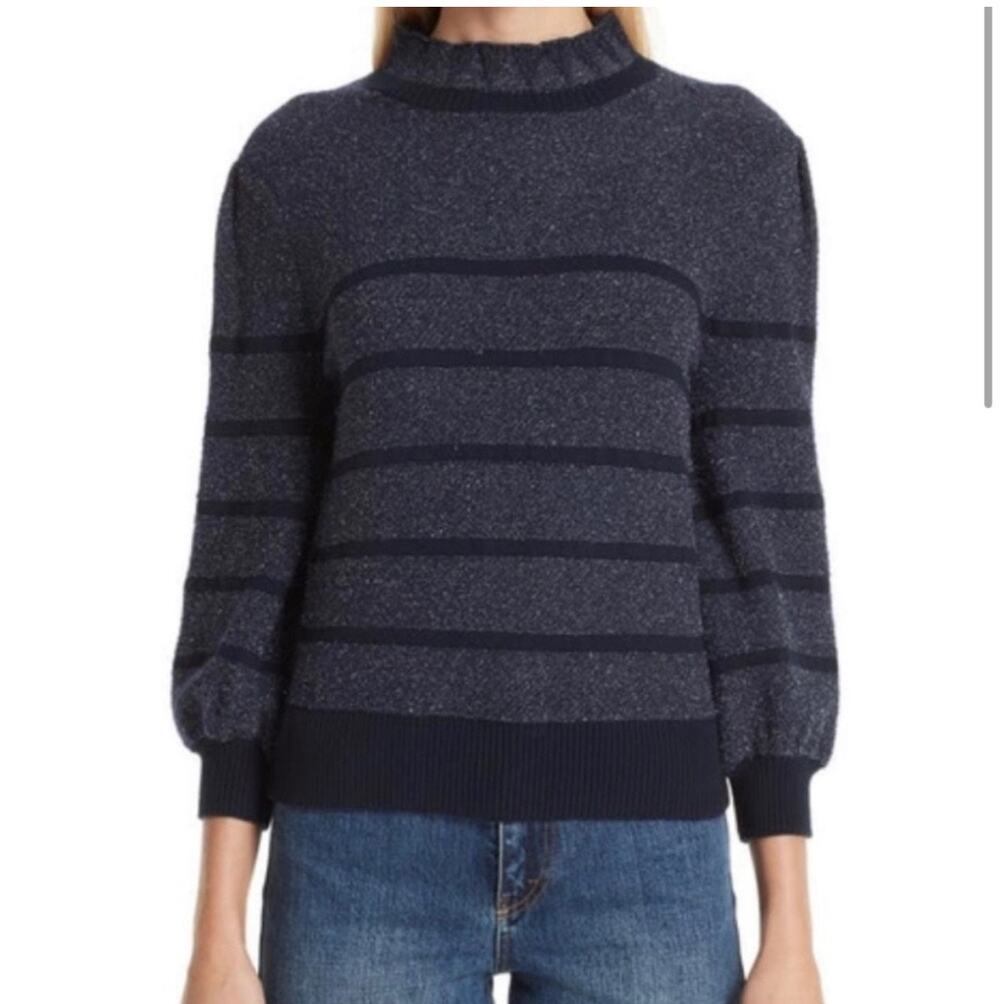 Co Jumper Sweater Striped Long Sleeve Ruffle Neck Knit Pullover Blue Size Large